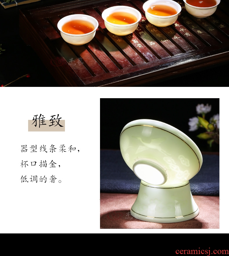 Graven images celadon full set of kung fu tea set household of Chinese style ceramic cups suit I and contracted tureen tea set