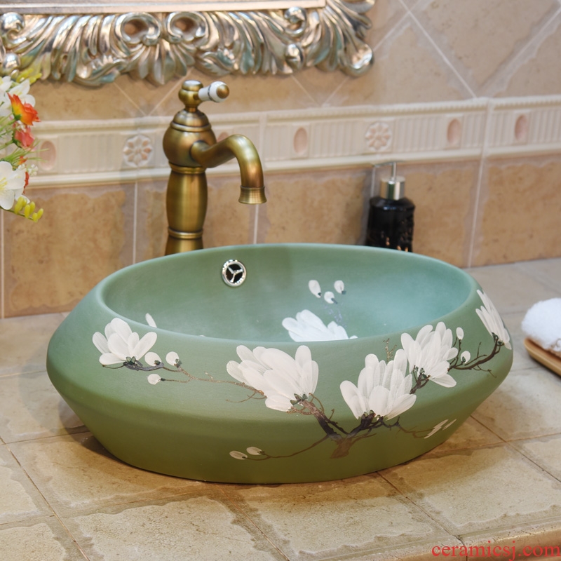 Jingdezhen ceramic lavatory basin stage basin, art basin sink on green oval double white yulan overflowing