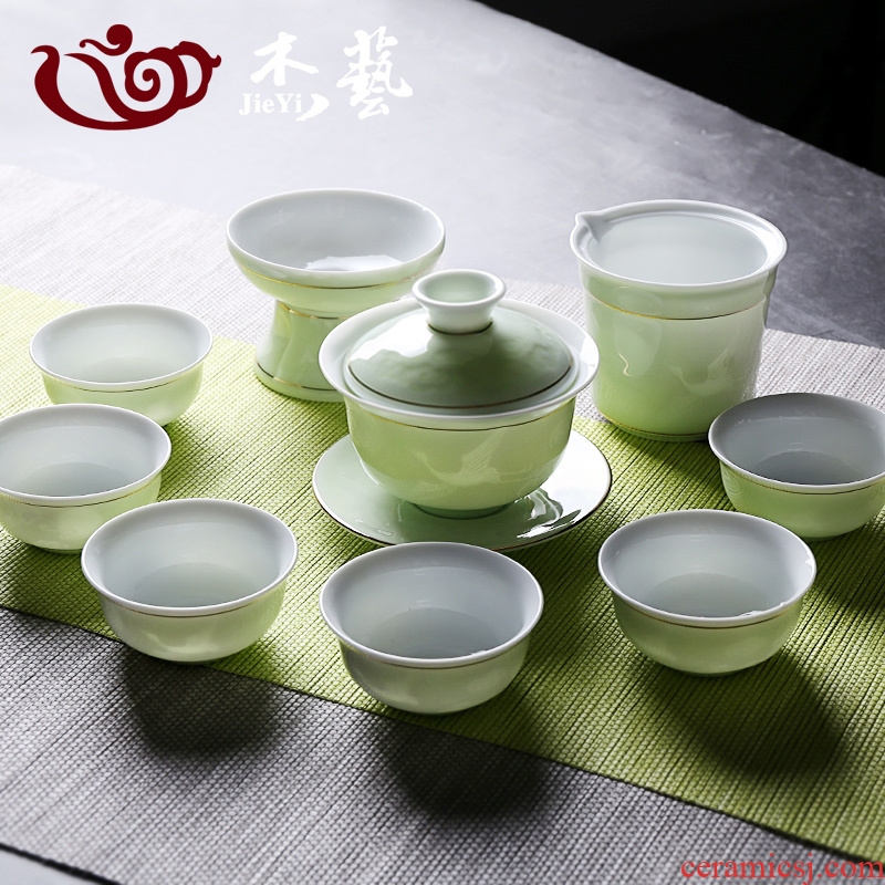 Graven images celadon full set of kung fu tea set household of Chinese style ceramic cups suit I and contracted tureen tea set