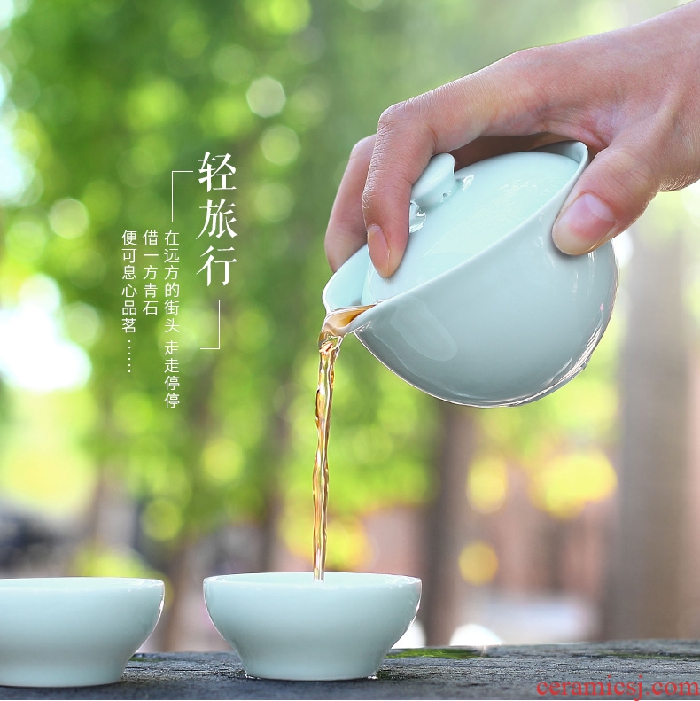 Ultimately responds to shadow celadon travel tea set a pot of two cups of portable package mini ceramic kunfu tea with crack cup