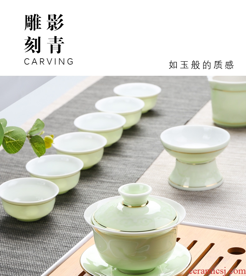 Graven images celadon full set of kung fu tea set household of Chinese style ceramic cups suit I and contracted tureen tea set