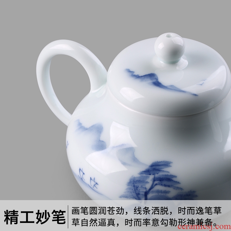 Make tea ultimately responds to the blue and white landscape teapot celadon hand - made household single pot of spherical pore filter ceramic kung fu tea set