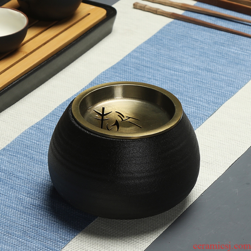 Chen xiang coarse pottery water meng ceramic building black metal tin lid zen kung fu tea accessories office dross barrels