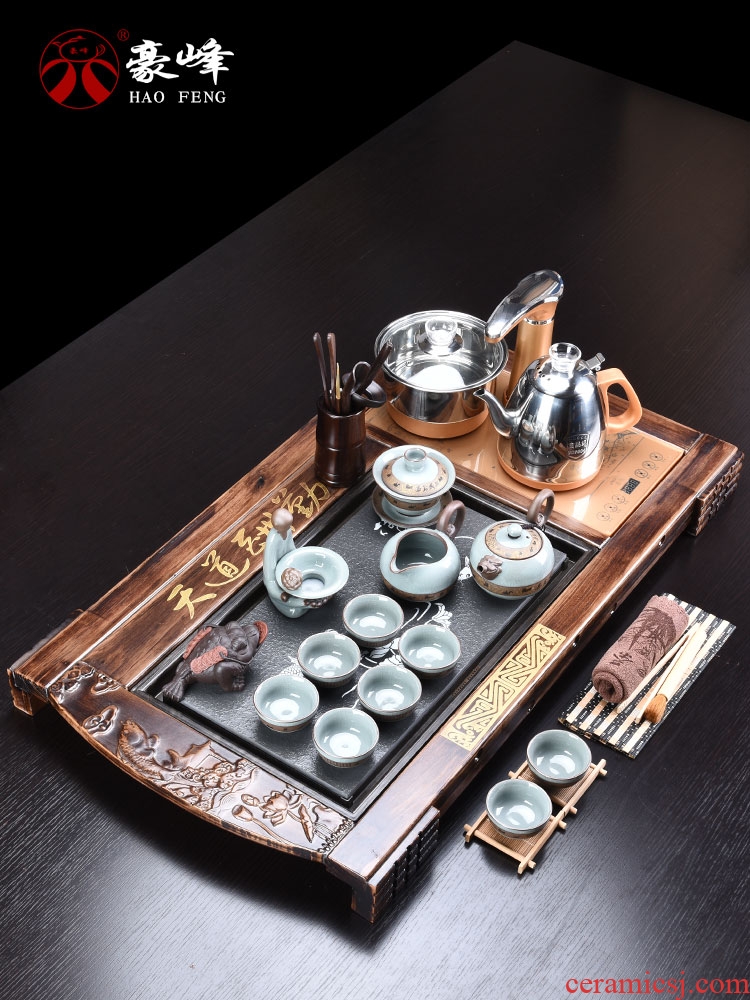 HaoFeng purple sand tea set household kung fu tea taking of a complete set of ceramic teapot teacup solid wood tea tray tea table