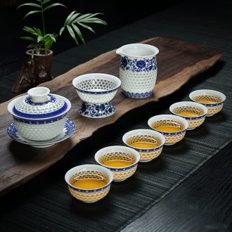Gorgeous young cellular honeycomb full Kong Linglong kung fu tea set of a complete set of blue and white crystal ceramics hollow - out the teapot teacup