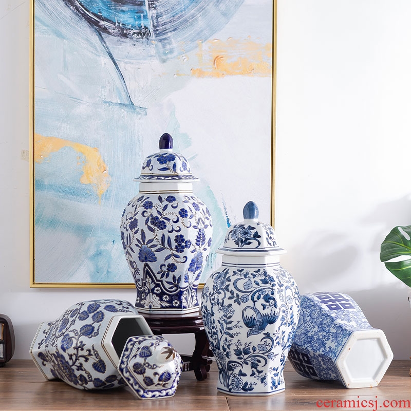 Hexagon dry flower vase of blue and white porcelain jingdezhen porcelain Chinese TV ark, decoration home decoration handicraft furnishing articles