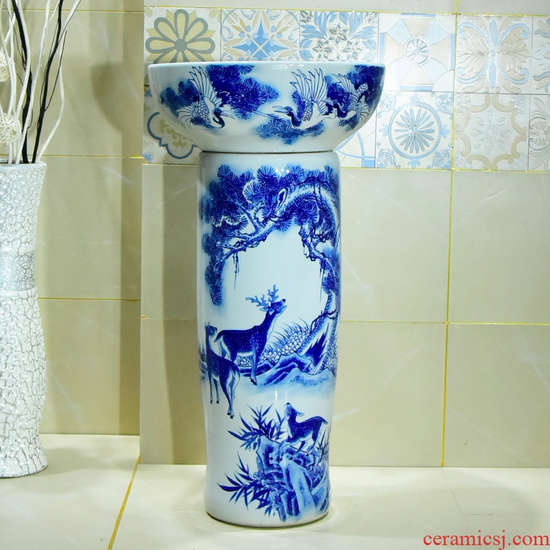 Vertical column of blue and white porcelain basin ceramic column type lavatory sink the courtyard balcony is suing ground basin