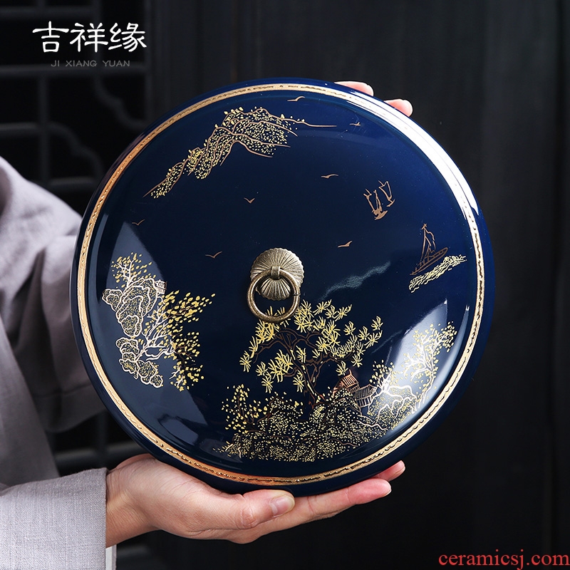 Auspicious yuan ji blue ceramic large box of pu - erh tea cake tea cake tin, white tea cake high - grade paint caddy fixings