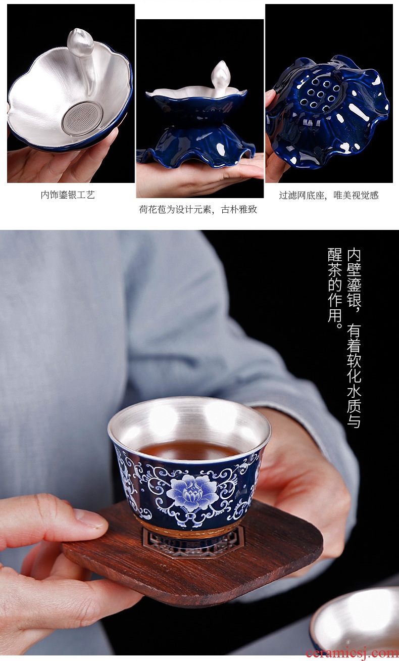 Kung fu tea set suit household jingdezhen porcelain ceramic GaiWanCha coppering. As silver cups contracted and I office