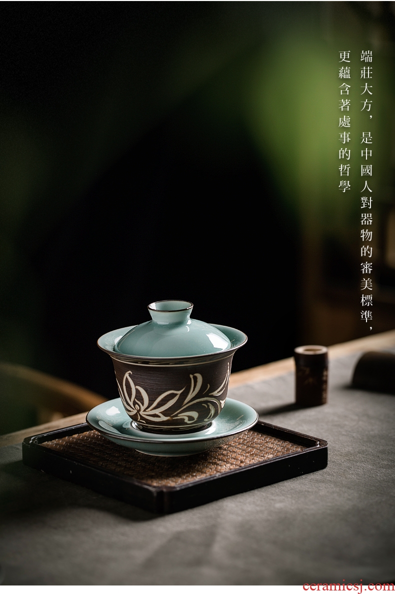 Longquan celadon only three tureen large hand cut ceramic cups individual household to make tea bowl of kung fu tea set