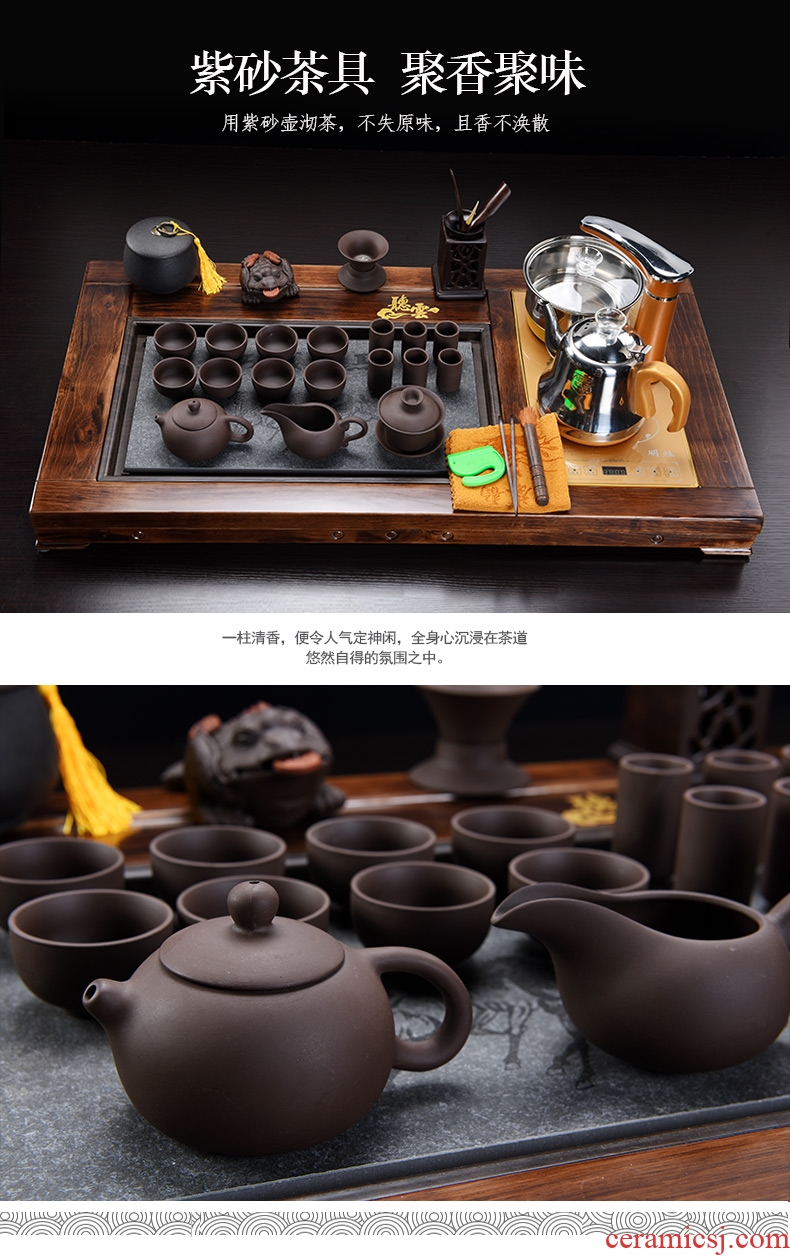 Famed domestic solid wood tea tray automatic electric tea stove of a complete set of ceramic tea set kung fu tea set