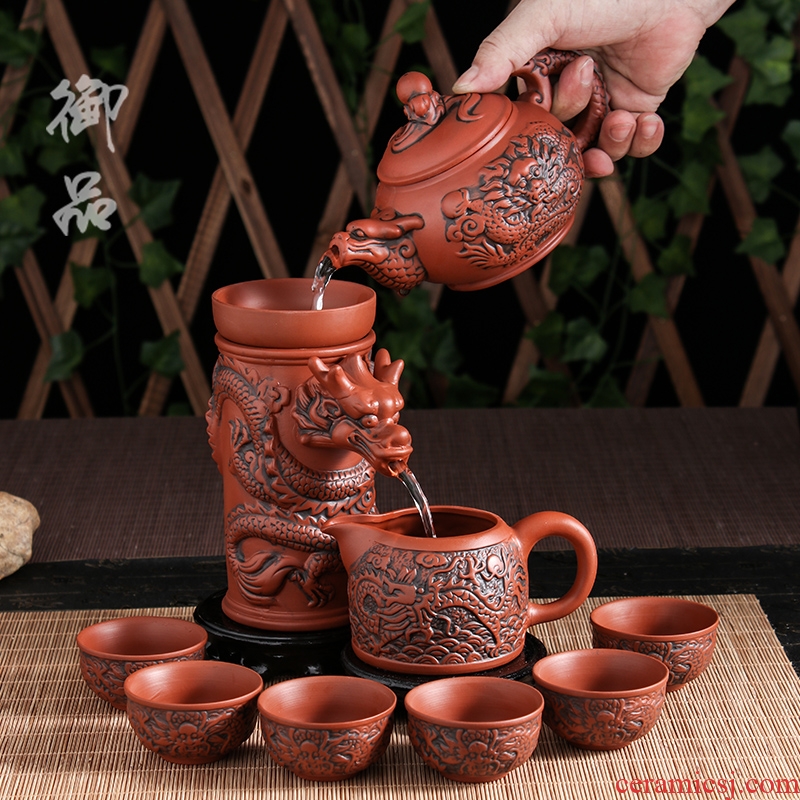Violet arenaceous kung fu tea set home lazy archaize ssangyong water tea ware ceramic teapot teacup of a complete set of flowers