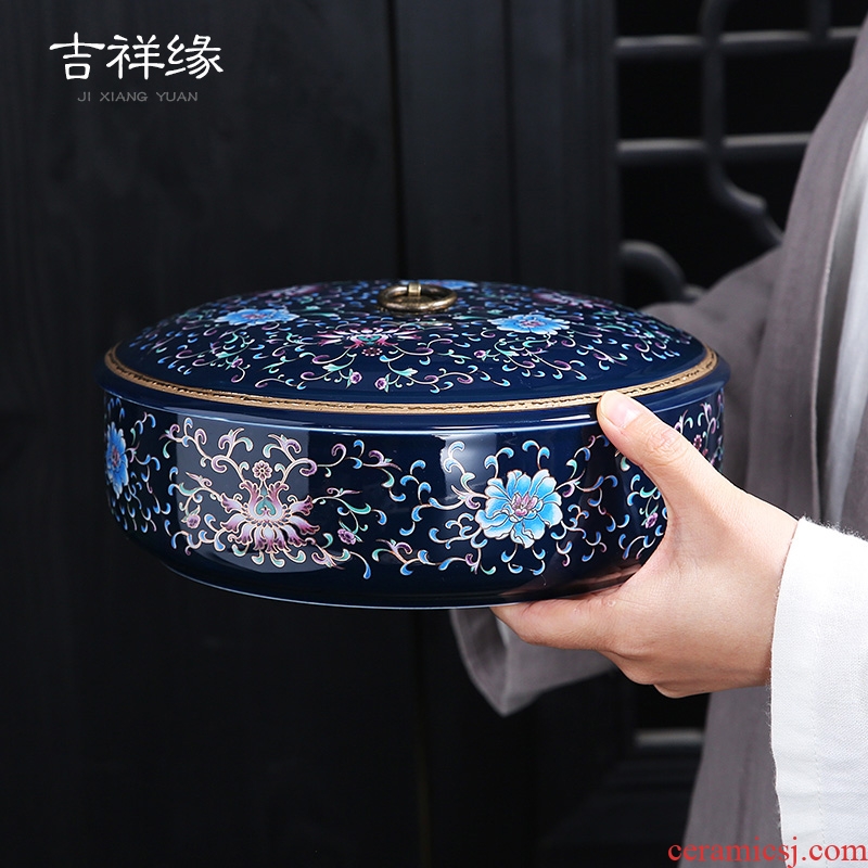 Auspicious yuan ji blue ceramic large box of pu - erh tea cake tea cake tin, white tea cake high - grade paint caddy fixings