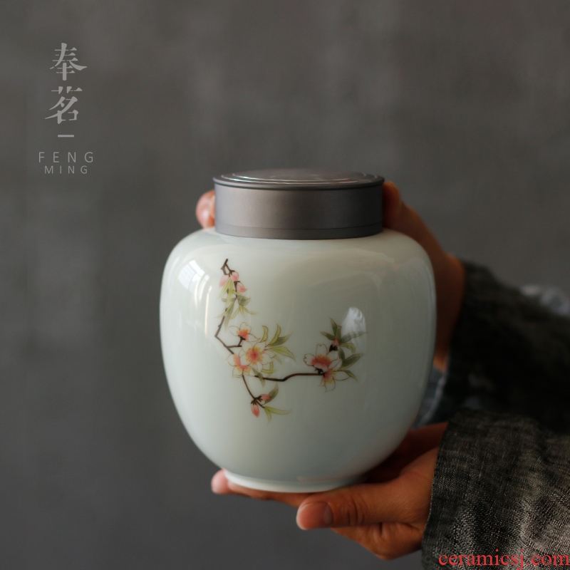 Serve tea shadow green ceramic tea pot double sealed tin cover pu white porcelain hand - made POTS of tea warehouse storage tanks