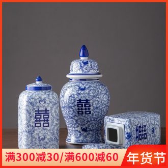 The New Chinese blue and white porcelain jar of jingdezhen ceramic porch decoration with cover storage tank home sitting room adornment is placed