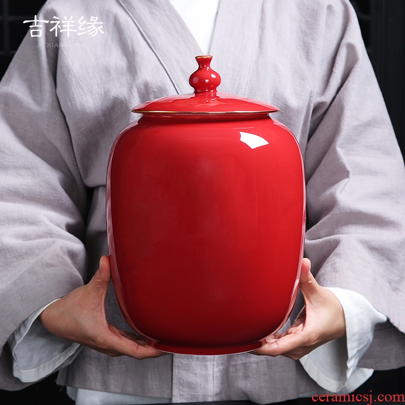 Auspicious yuan ji blue glaze caddy fixings colored enamel porcelain big in number seal pot home tea leaves red blue