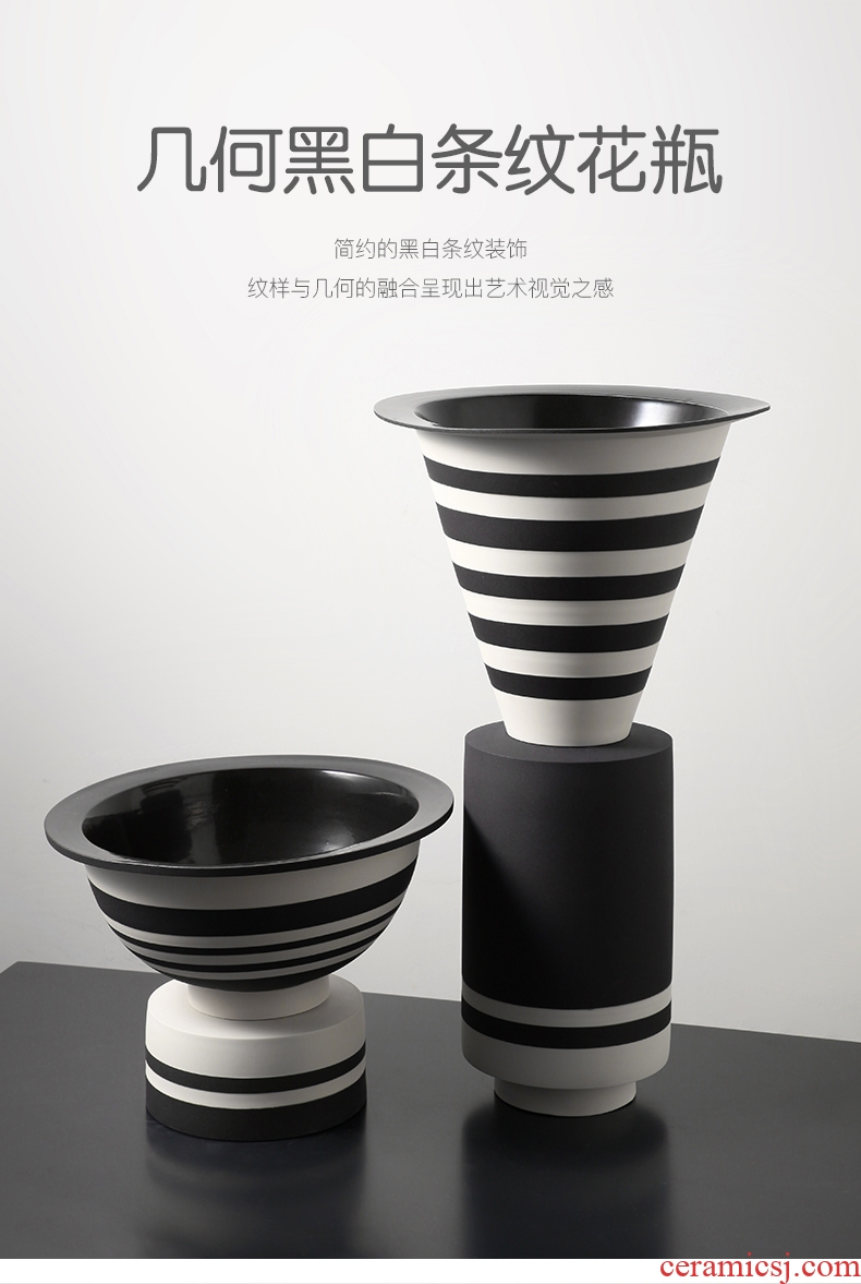 The modern simple black and white stripe ceramic vase household adornment art geometry splicing example room porch