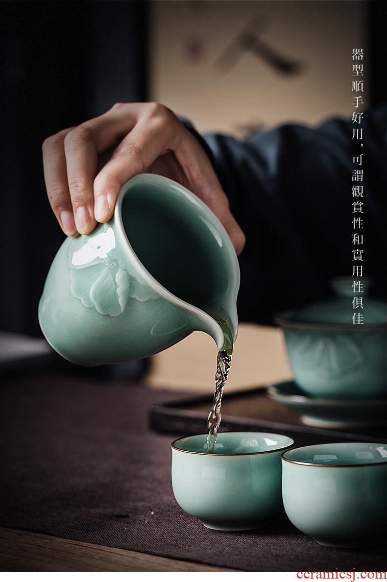 Hand cut three tureen suit only longquan celadon household ceramic tea, Chinese kung fu tea set gift boxes