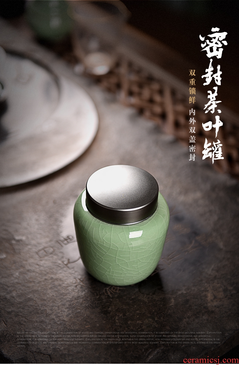 Longquan celadon porcelain tea caddy fixings warehouse household travel portable large metal seal pot pot of tea packaging
