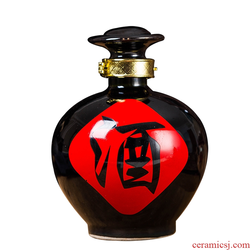 Jingdezhen ceramic wine bottle is empty jar jar of household seal wine aged 1 catty, black ball bottle wine words