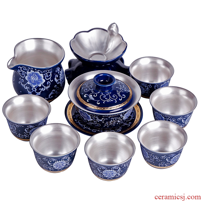 Kung fu tea set suit household jingdezhen porcelain ceramic GaiWanCha coppering. As silver cups contracted and I office