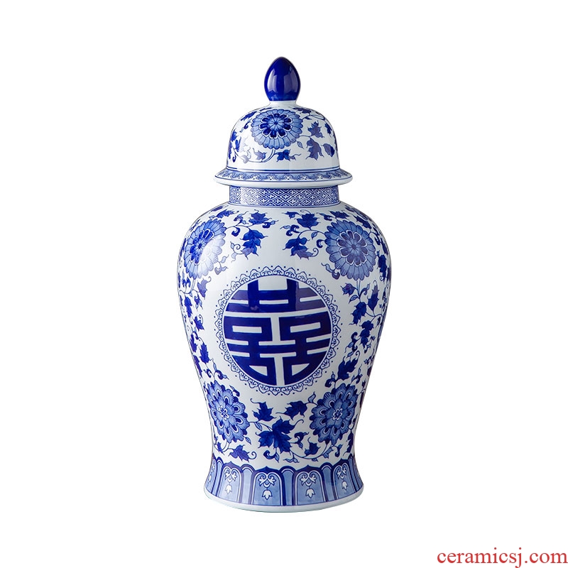 Blue and white porcelain jar of new Chinese style happy character jar jar home sitting room living room TV cabinet wine cabinet decoration ceramics furnishing articles