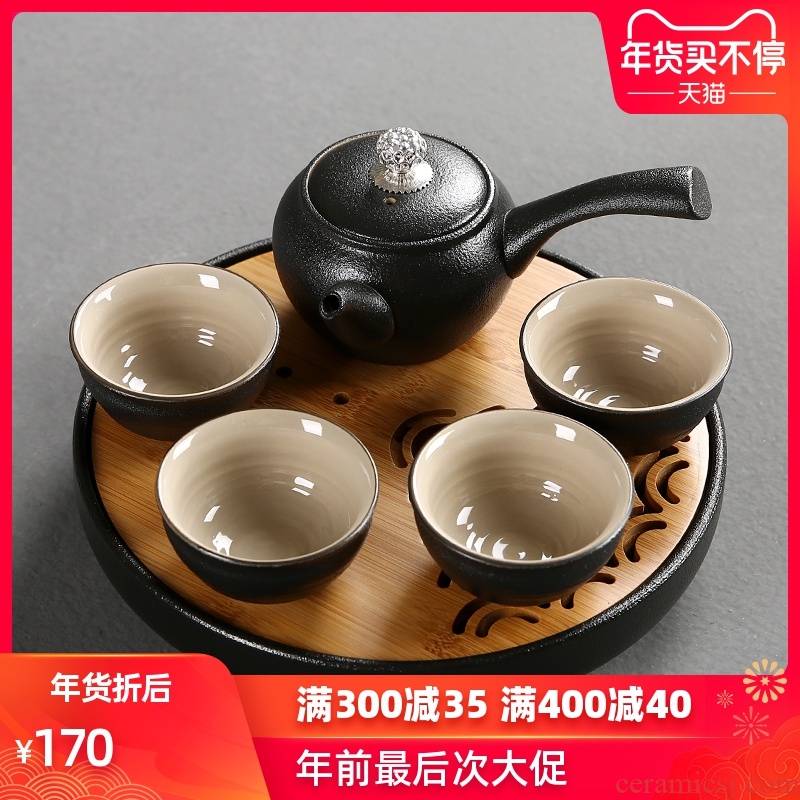 Passes on technique the Japanese black pottery up portable travel kung fu tea set the cloth of a complete set of ceramic tea set the teapot tea tray