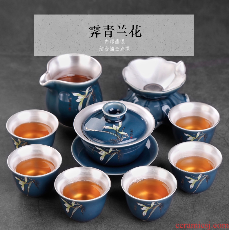 Jingdezhen silver kung fu tea set ceramic tureen tea cup six people tasted silver gilding office contracted and I
