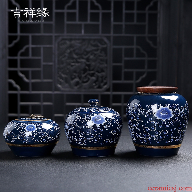 Auspicious yuan ji blue glaze ceramic tea pot half jins to storage sealed packaging tea tieguanyin tea