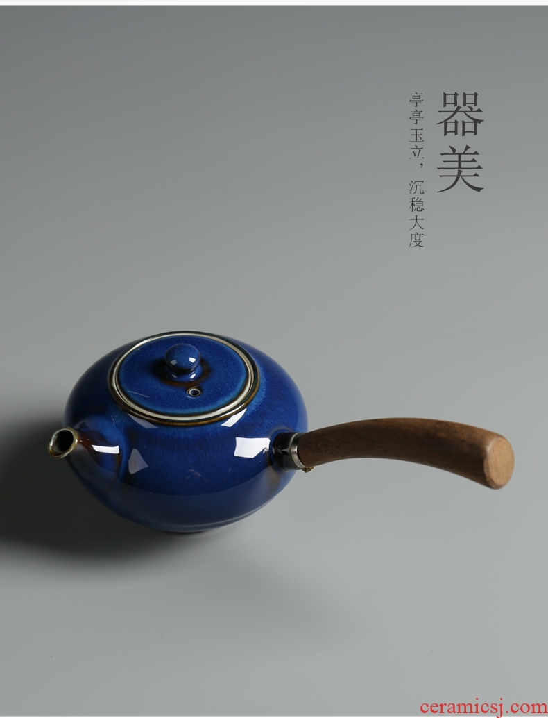 Is good source TuHao blue up pot of household teapot kung fu tea set with wooden handle, side single pot pot of small ceramic teapot