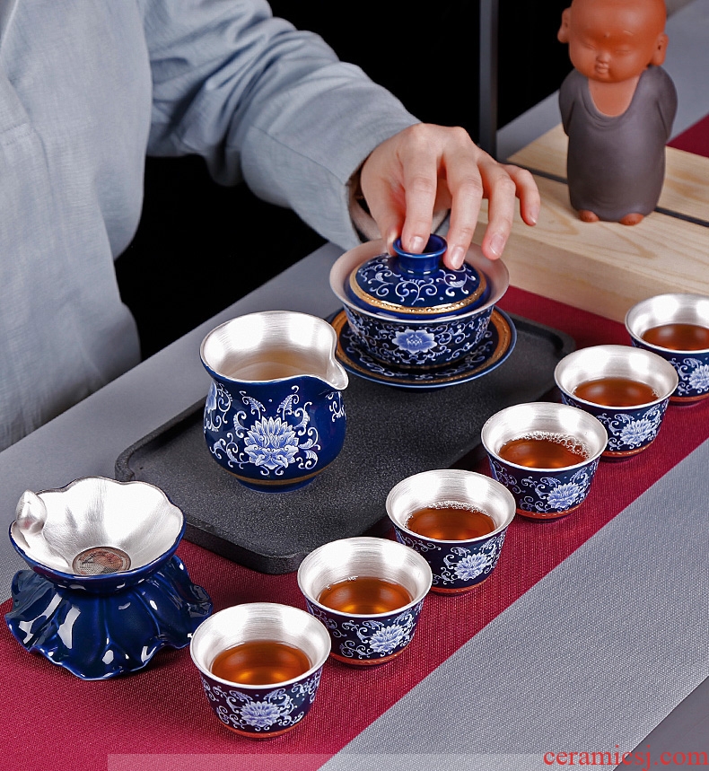 Kung fu tea set suit household jingdezhen porcelain ceramic GaiWanCha coppering. As silver cups contracted and I office