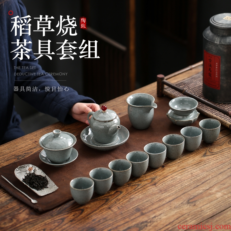 Taiwan rice straw'm kung fu tea set suit household on the teapot teacup ice crack contracted tea tureen ceramics