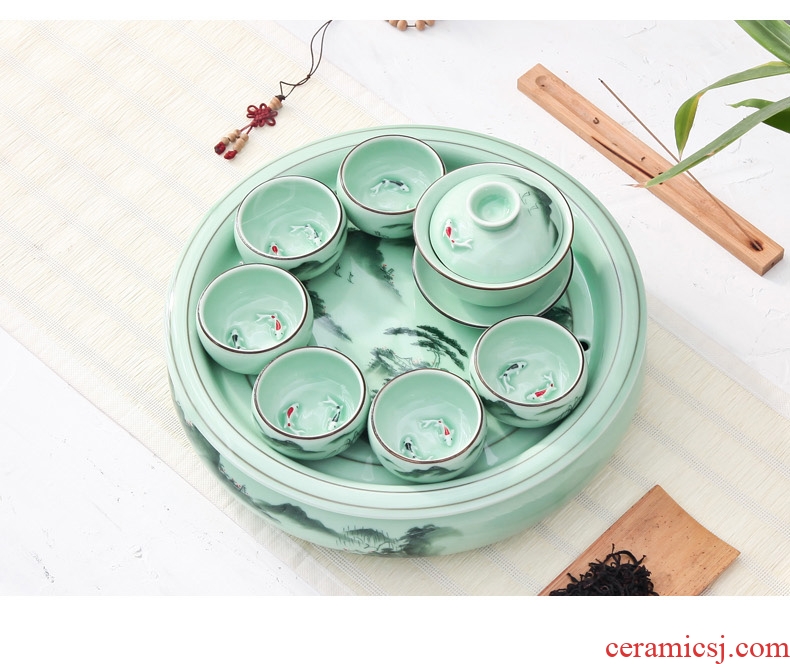 Longquan celadon tea set ceramic round kunfu tea tea tray was round tray household water storage large ship tea big number