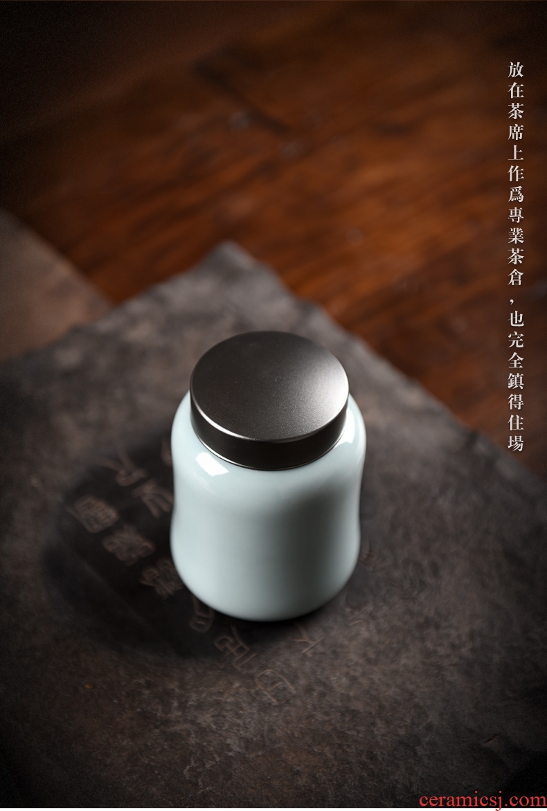 Ceramic metal cover caddy fixings portable household longquan celadon porcelain jar sealing tea pu - erh tea large POTS of tea