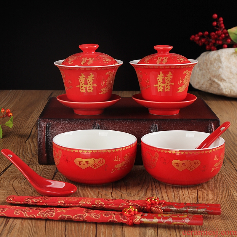 Package mail festive wedding ceramic bowl chopsticks set tableware reply question red bowl bowl wedding gift set to use