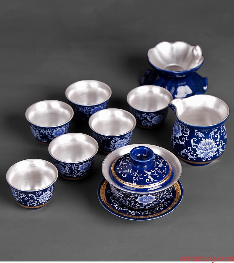 Kung fu tea set suit household jingdezhen porcelain ceramic GaiWanCha coppering. As silver cups contracted and I office