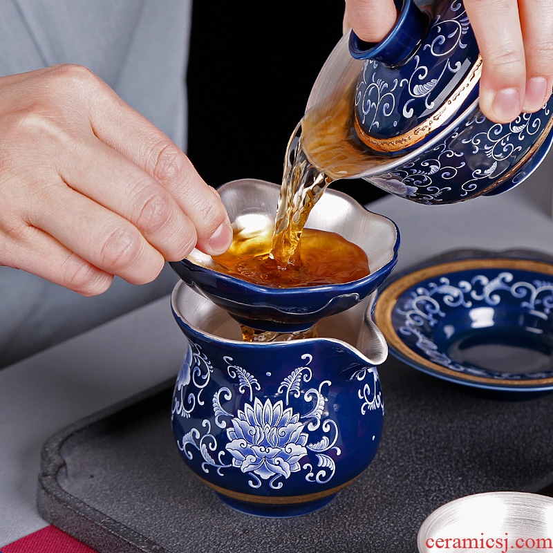 Kung fu tea set suit household jingdezhen porcelain ceramic GaiWanCha coppering. As silver cups contracted and I office