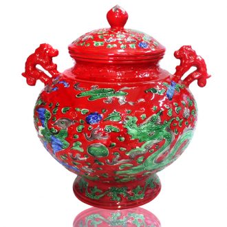 Jingdezhen porcelain pot ears Chinese red porcelain jar storage tank relief longfeng festival furnishing articles