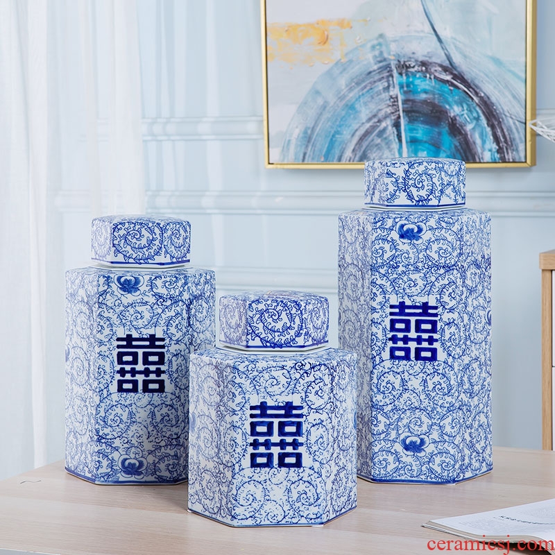 Ceramic furnishing articles storage jar with cover large happy character of blue and white porcelain altar home decoration is the sitting room TV ark, adornment