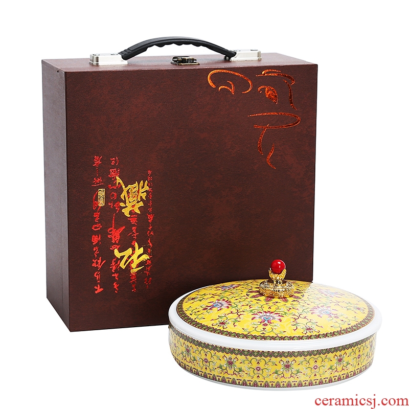 Chinese wind colored enamel puer tea cake ceramic tea pot white tea cake court wind puer tea boxes, wooden gift box