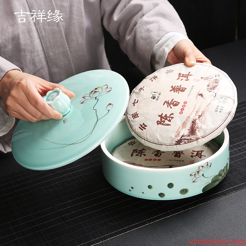 Auspicious edge hand - made ceramic tea cake tin puer tea caddy fixings box celadon pot home 357 grams of large white tea cake
