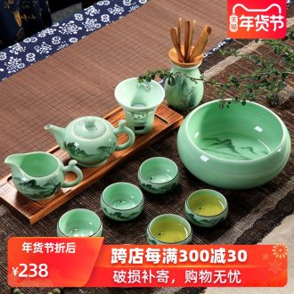 Household longquan celadon fish kung fu tea set ceramic teapot teacup gift set gift suit Chinese gift box