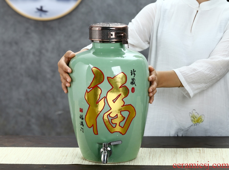 Jingdezhen ceramic jar home wine pot empty wine bottle with tap mercifully jars 10 jins 20 jins 30 pounds