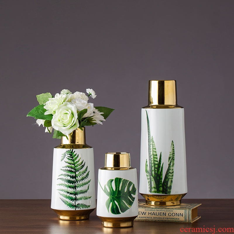 Hand made green leaves gilded ceramic bottle household act the role ofing is tasted furnishing articles porcelain bottle of jingdezhen ceramic ornaments the cut flower