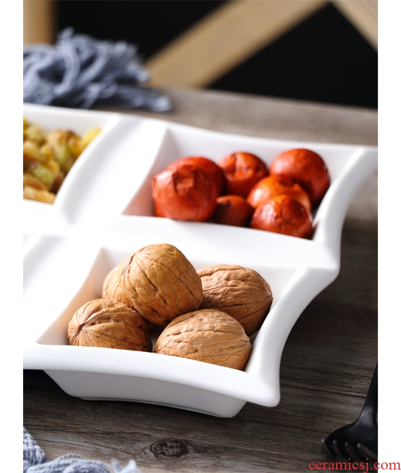 White ceramic frame plates creative fruit, dried fruit platter household square four bar snack plate