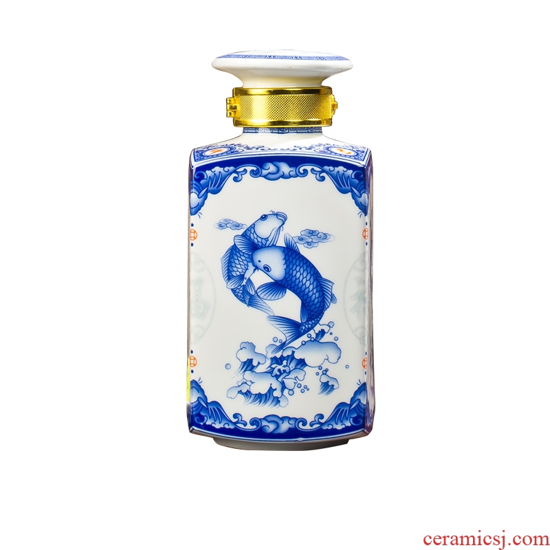 Jingdezhen ceramic bottle 2 jins with square bottle wine jar blue carp jump longmen decoration wine decanters