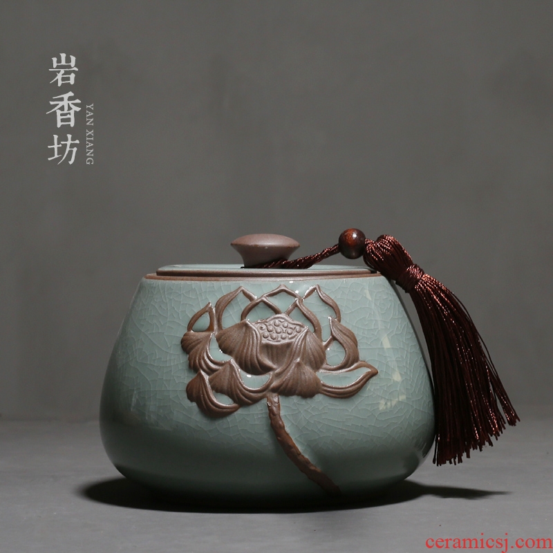 Embossed lotus caddy fixings YanXiang fang elder brother up with ceramic seal storage jar, tassel as cans