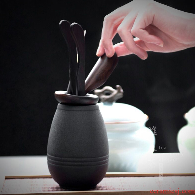 Solid wood tea six gentleman ceramic base set a complete set of ebony ChaZhen teaspoons ChaGa ChaBo tea accessories