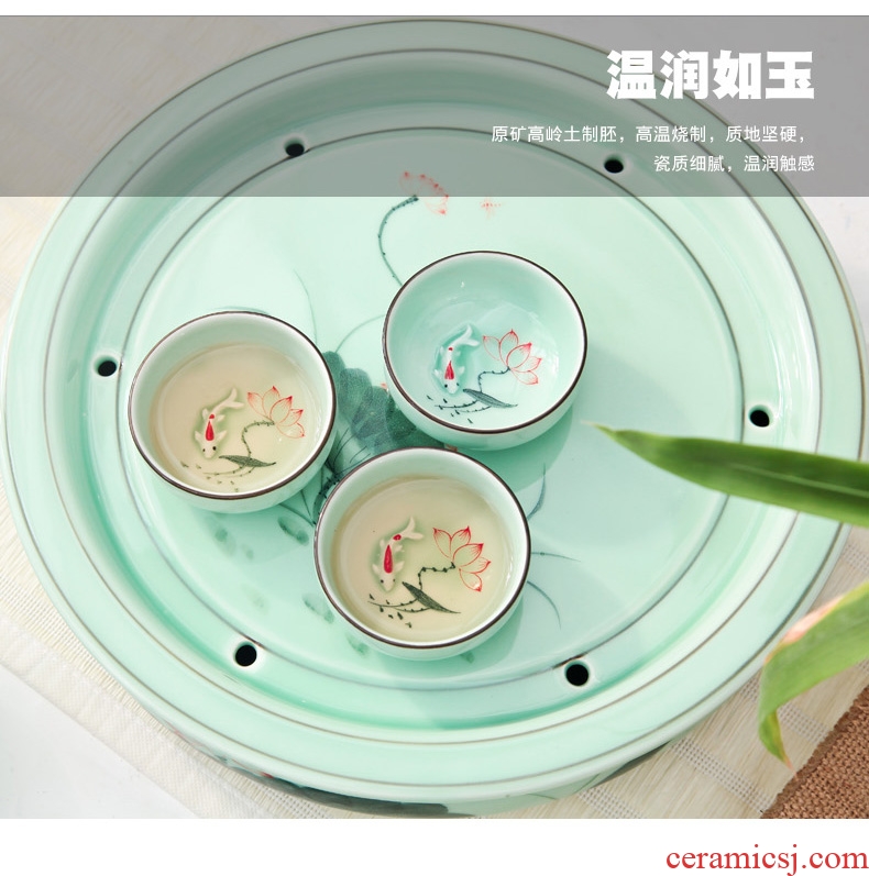 Longquan celadon tea set ceramic round kunfu tea tea tray was round tray household water storage large ship tea big number