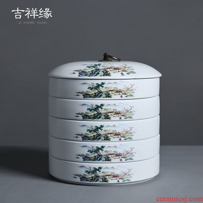 Auspicious edge up ceramic 357 grams of larger sizes can be stacked puer tea caddy fixings household utensils white tea cake tin box